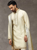 Natural Tissue Silk Embroidered Kurta Set with Dupatta & Dhoti