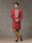 Wine Printed Kurta with Highlight Embroidery and Aligarhi Pants