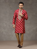 Wine Printed Kurta with Highlight Embroidery and Aligarhi Pants