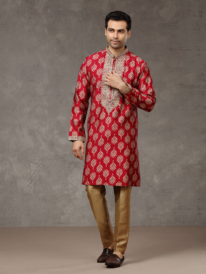 Wine Printed Kurta with Highlight Embroidery and Aligarhi Pants