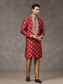 Wine Printed Kurta with Highlight Embroidery and Aligarhi Pants