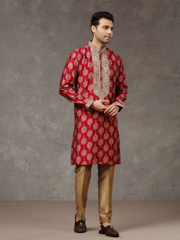 Wine Printed Kurta with Highlight Embroidery and Aligarhi Pants