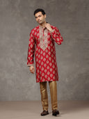 Wine Printed Kurta with Highlight Embroidery and Aligarhi Pants