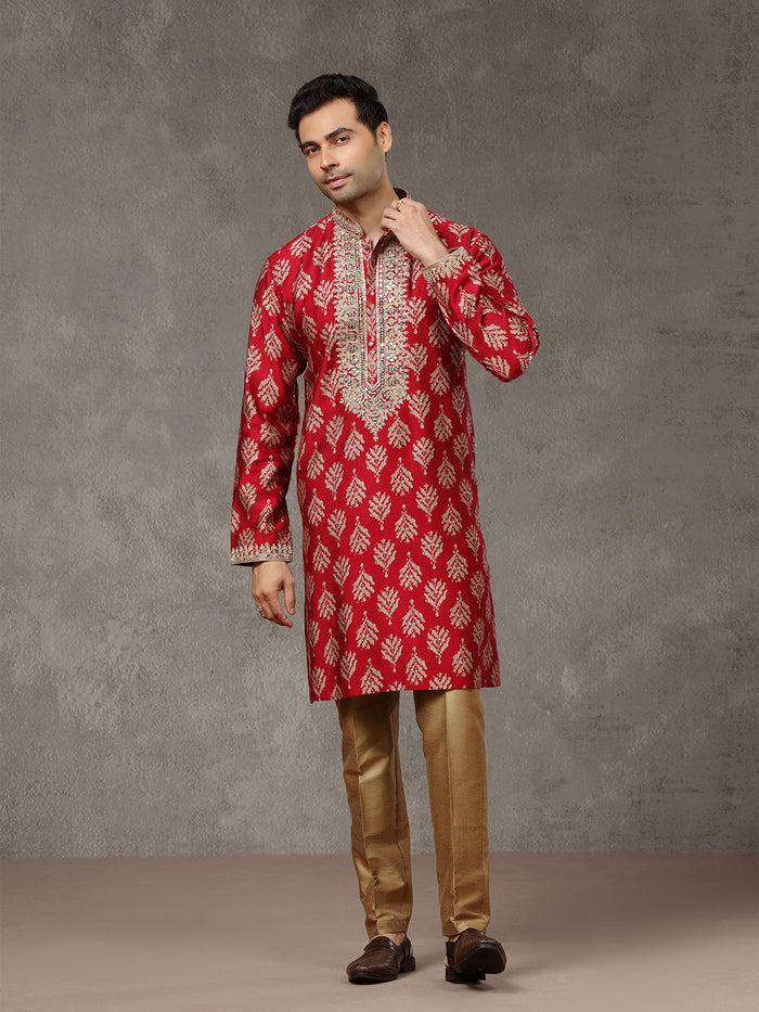 Wine Printed Kurta with Highlight Embroidery and Aligarhi Pants