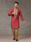 Wine Printed Kurta with Highlight Embroidery and Aligarhi Pants