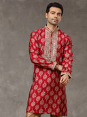 Wine Printed Kurta with Highlight Embroidery and Aligarhi Pants