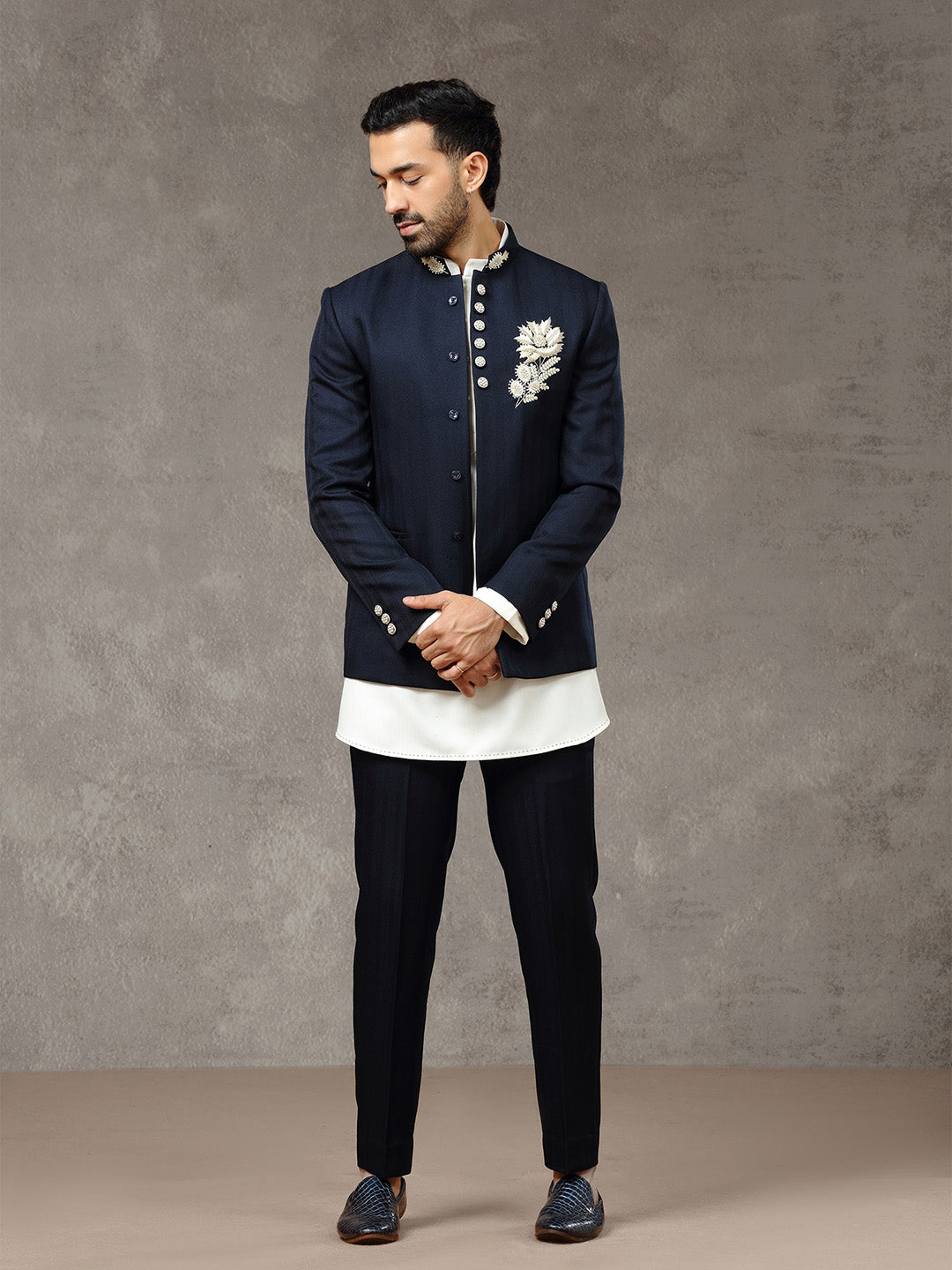 Navy Embroidered Indo-Western Set with Trouser - KORANM