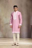 Lavender Jacquard Silk kurta set with elegant print and embroidery.