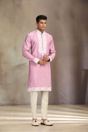Lavender Jacquard Silk kurta set with elegant print and embroidery.