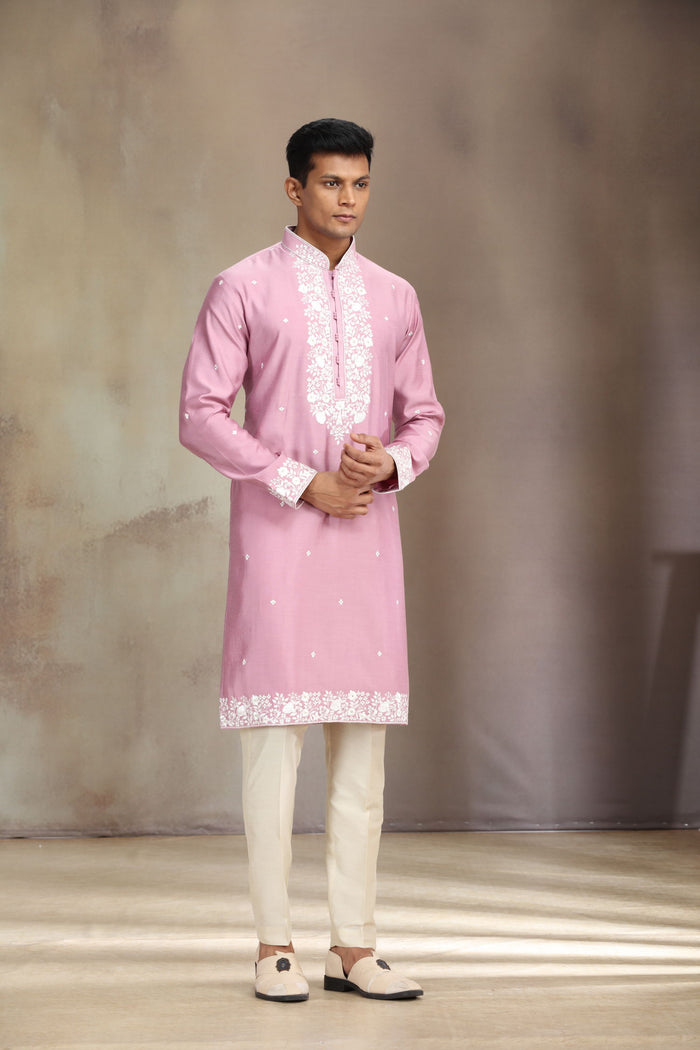 Lavender Jacquard Silk kurta set with elegant print and embroidery.
