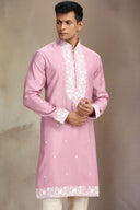 Lavender Jacquard Silk kurta set with elegant print and embroidery.