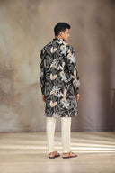 Black Cotton Linen kurta set with stylish print for a refined, comfortable look.