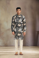 Black Cotton Linen kurta set with stylish print for a refined, comfortable look.