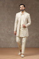 Cream Raw Silk Embroidered Indo Western with Kurta & Pant