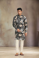 Black Cotton Linen kurta set with stylish print for a refined, comfortable look.