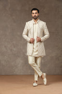 Cream Raw Silk Embroidered Indo Western with Kurta & Pant