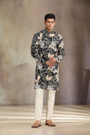 Black Cotton Linen kurta set with stylish print for a refined, comfortable look.