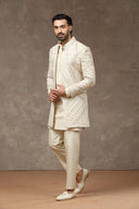 Cream Raw Silk Embroidered Indo Western with Kurta & Pant