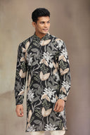 Black Cotton Linen kurta set with stylish print for a refined, comfortable look.