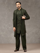 Green Embroidered Rayon Sherwani Set with Dupatta & Trouser