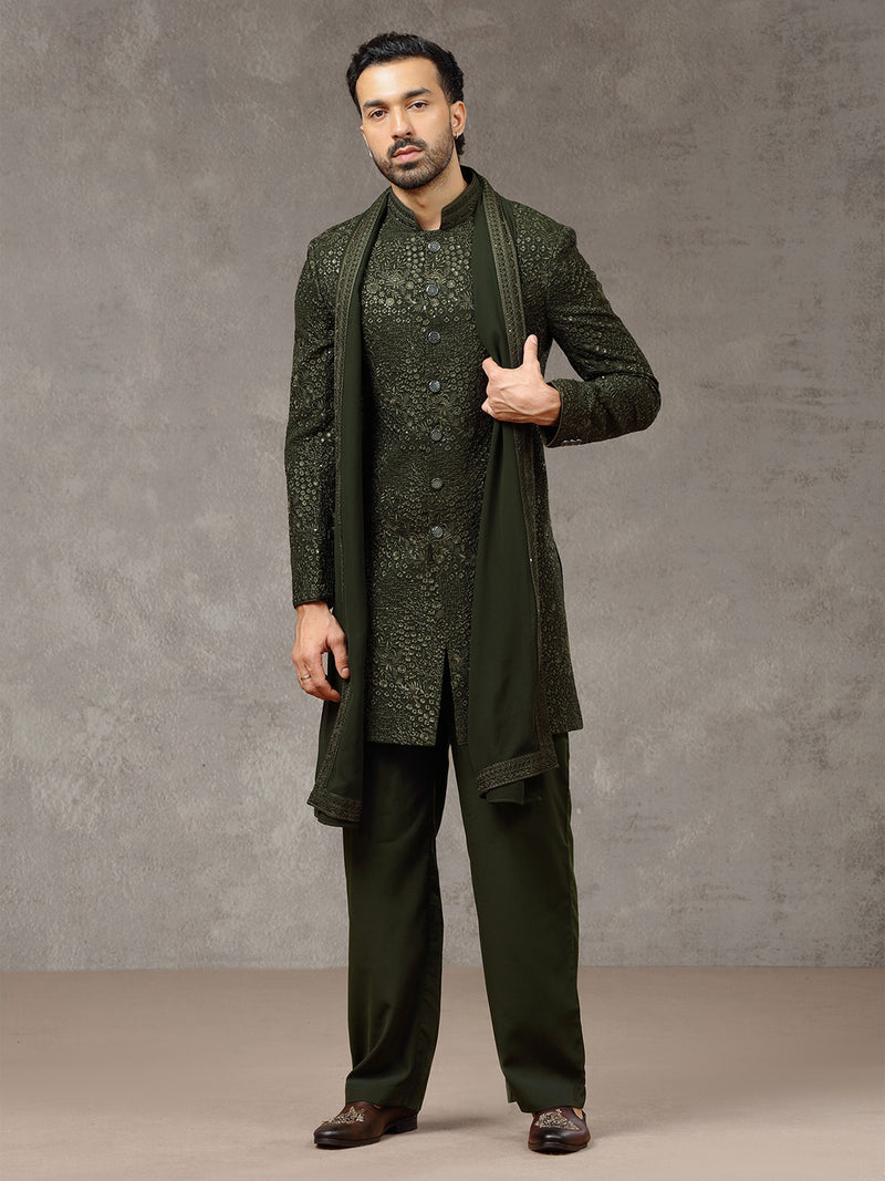 Green Embroidered Rayon Sherwani Set with Dupatta & Trouser - KORANM