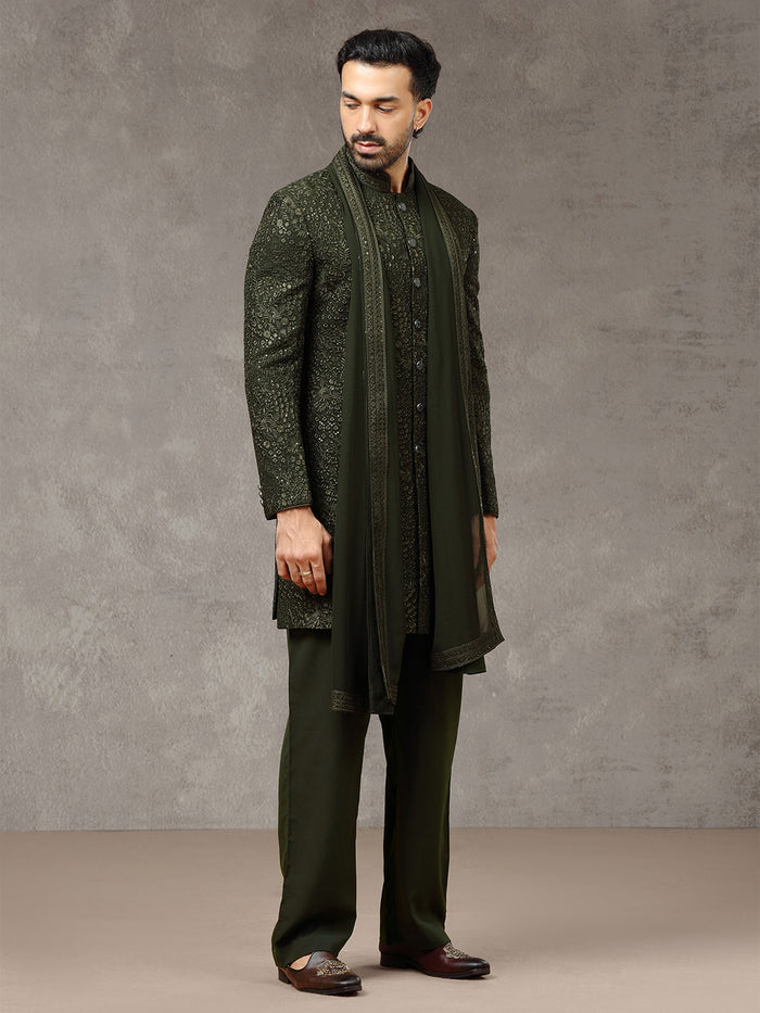 Green Embroidered Rayon Sherwani Set with Dupatta & Trouser - KORANM