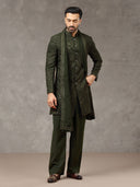 Green Embroidered Rayon Sherwani Set with Dupatta & Trouser