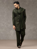 Green Embroidered Rayon Sherwani Set with Dupatta & Trouser