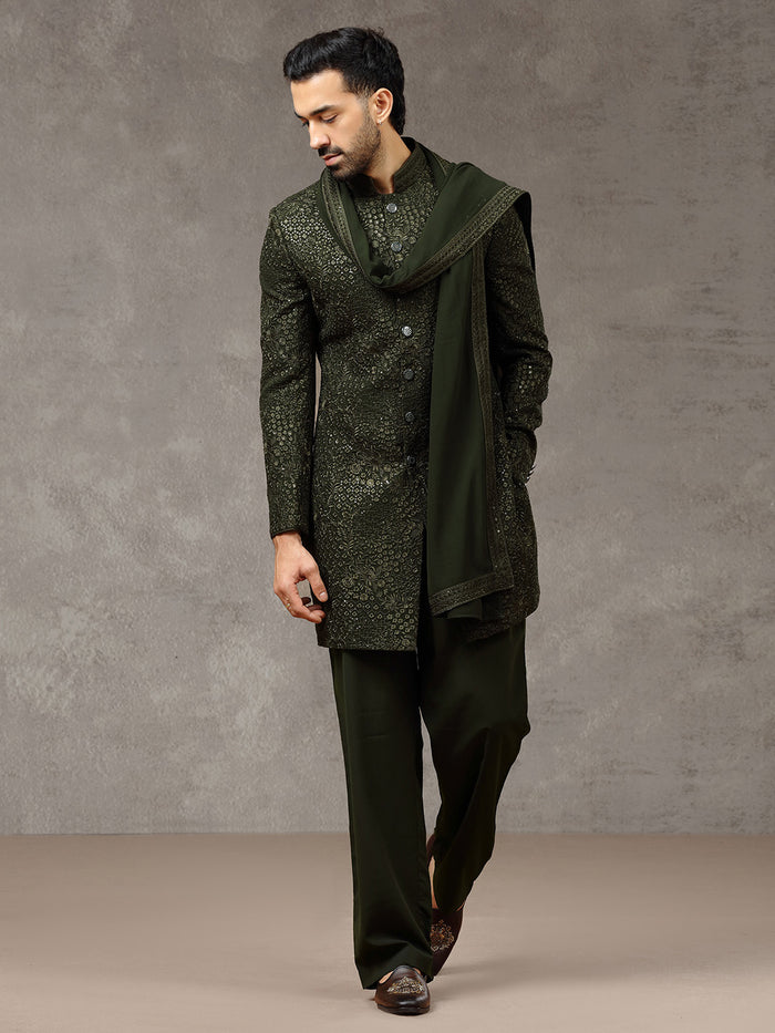 Green Embroidered Rayon Sherwani Set with Dupatta & Trouser