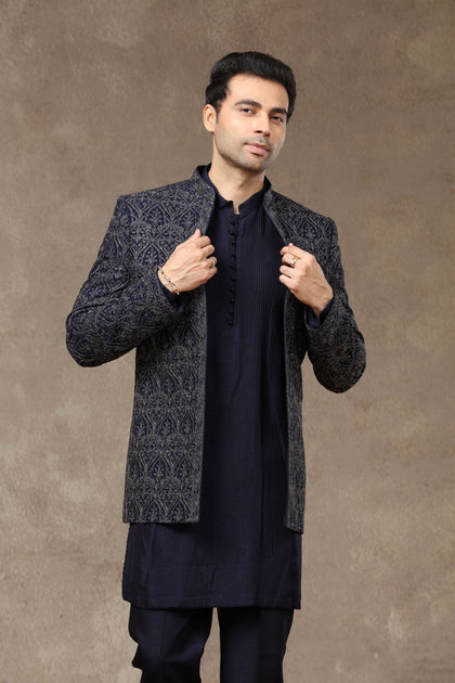 Navy Silk Indo Western with Kurta & Aligarhi Pant