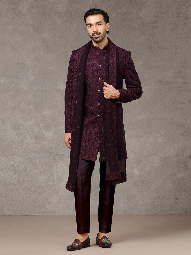 Purple Rayon Silk Sherwani with Dupatta & Aligarhi Pant - KORANM
