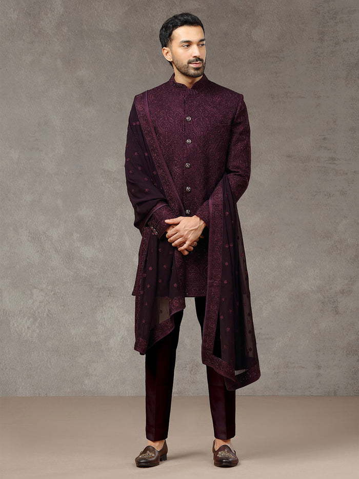 Purple Rayon Silk Sherwani with Dupatta & Aligarhi Pant