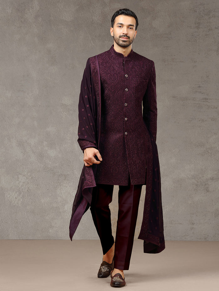 Purple Rayon Silk Sherwani with Dupatta & Aligarhi Pant