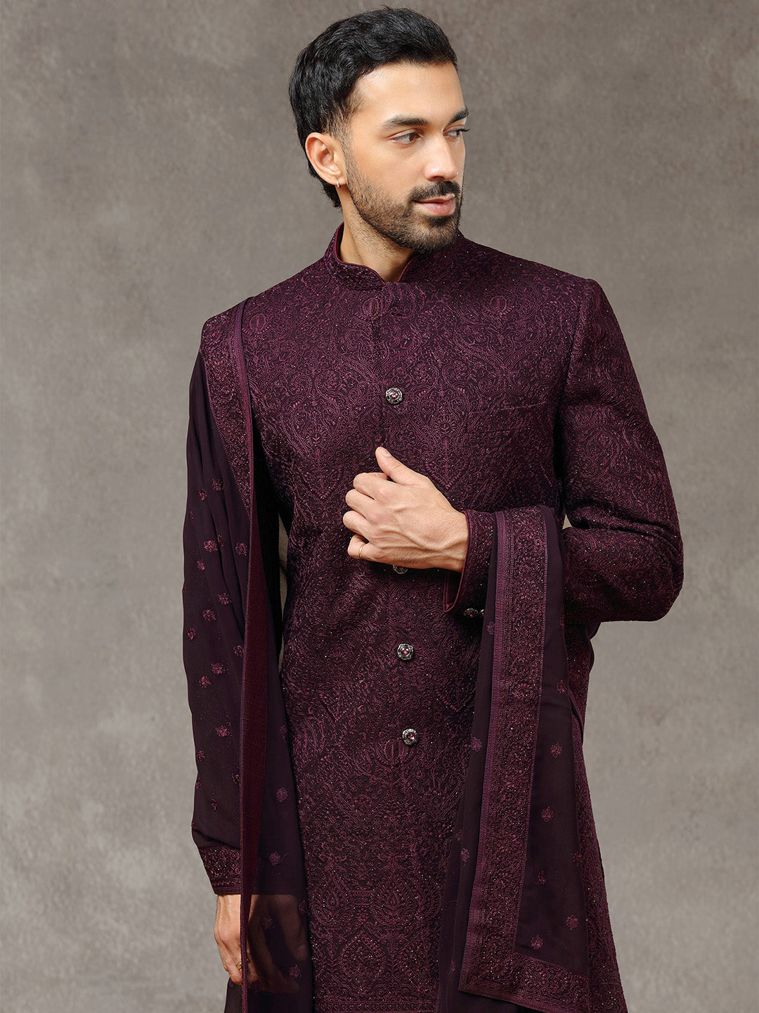 Purple Rayon Silk Sherwani with Dupatta & Aligarhi Pant - KORANM