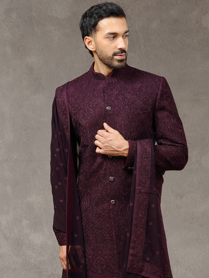 Purple Rayon Silk Sherwani with Dupatta & Aligarhi Pant