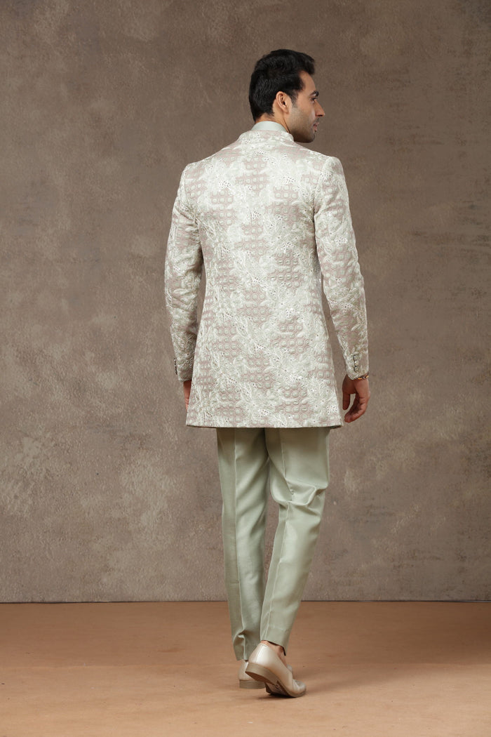 Pista Blended Silk Floral Resham Embroidered Indo-Western with Kurta & Aligarhi Pants