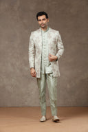 Pista Blended Silk Floral Resham Embroidered Indo-Western with Kurta & Aligarhi Pants