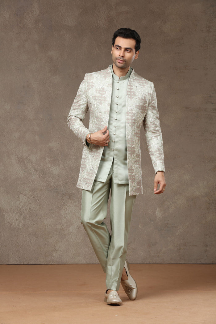 Pista Blended Silk Floral Resham Embroidered Indo-Western with Kurta & Aligarhi Pants