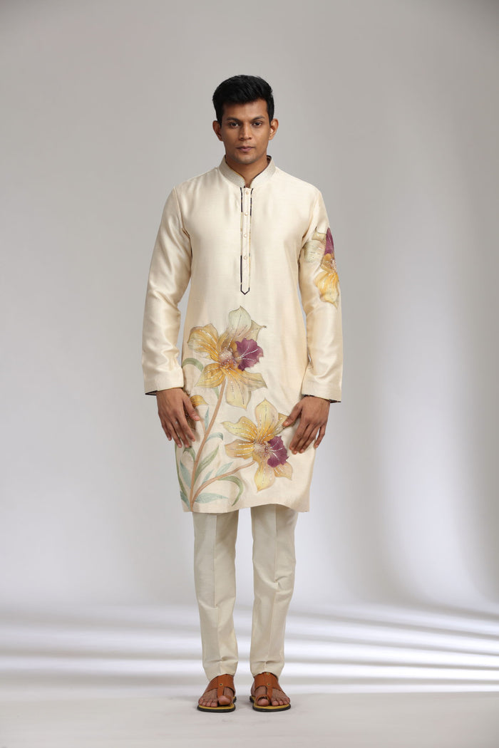 Beige Tussar Silk kurta set with a tasteful blend of print and embroidery. - KORANM