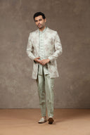 Pista Blended Silk Floral Resham Embroidered Indo-Western with Kurta & Aligarhi Pants