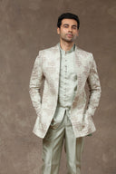 Pista Blended Silk Floral Resham Embroidered Indo-Western with Kurta & Aligarhi Pants