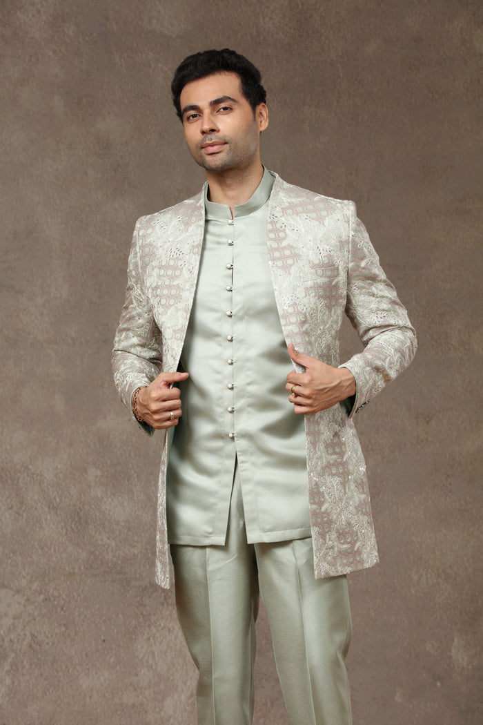 Pista Blended Silk Floral Resham Embroidered Indo-Western with Kurta & Aligarhi Pants