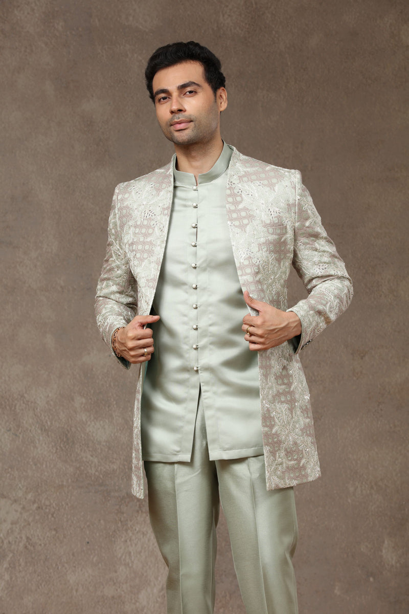 Pista Blended Silk Floral Resham Embroidered Indo-Western with Kurta & Aligarhi Pants - KORANM