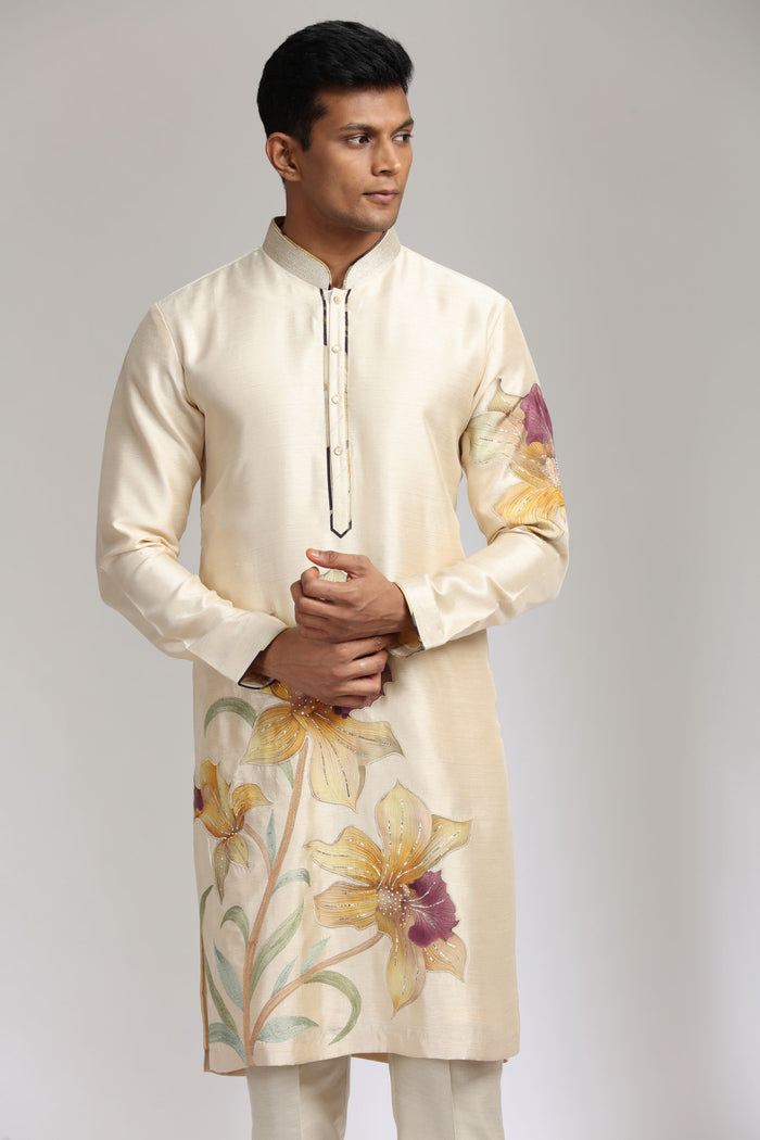 Beige Tussar Silk kurta set with a tasteful blend of print and embroidery. - KORANM