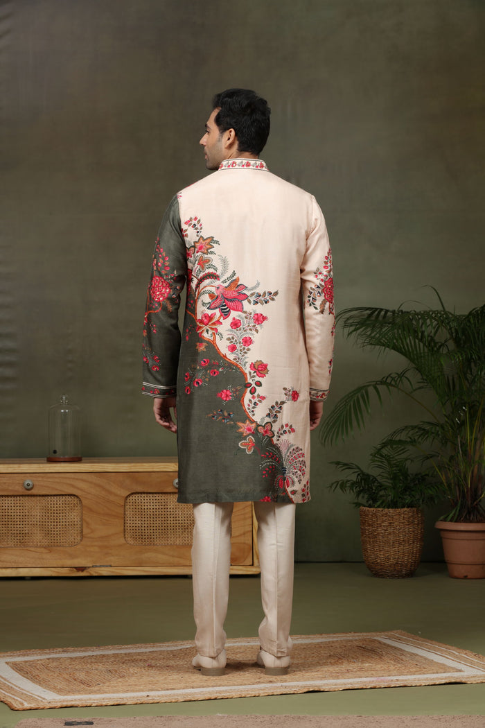 Mehendi Green Silk Kurta with Aligarhi Pants - KORANM