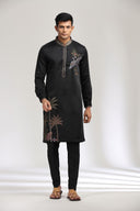 Black Satin Linen Kurta Set with elegant print and embroidery.