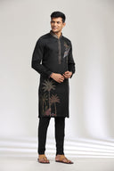 Black Satin Linen Kurta Set with elegant print and embroidery.