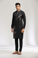 Black Satin Linen Kurta Set with elegant print and embroidery.
