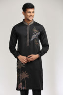 Black Satin Linen Kurta Set with elegant print and embroidery.