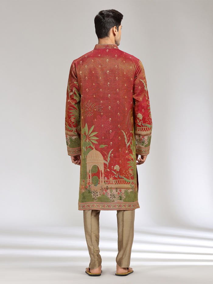 Rust Tissue Silk Embroidered & Printed Kurta Set - KORANM